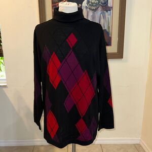 GISPA Black/Red/Purple Argyle Turtleneck Sweater Size 14